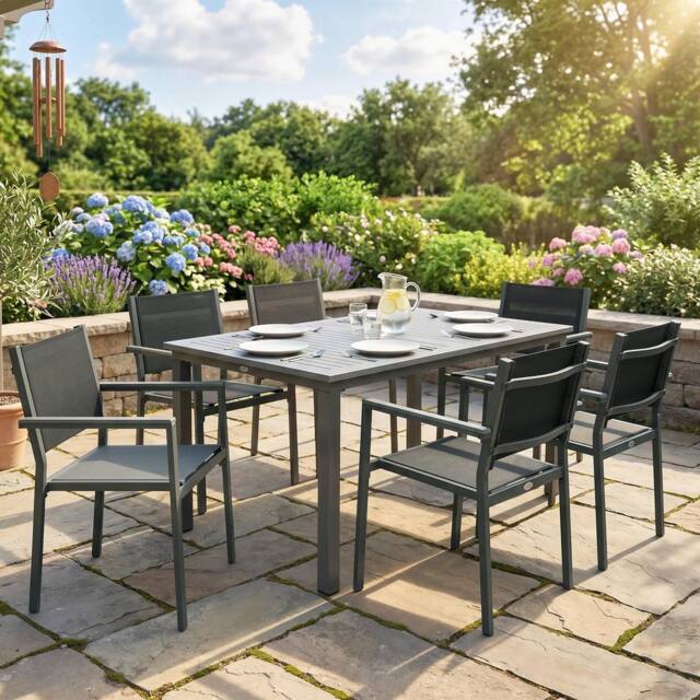 OUTSUNNY Garden Dining Set with Acacia Wood Table Top, Stackable Chairs in Grey - Size: 150 cm x 90 cm - image 1