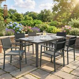 OUTSUNNY Garden Dining Set with Acacia Wood Table Top, Stackable Chairs in Grey - Size: 150 cm x 90 cm - thumbnail 1