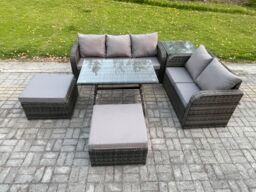 Fimous Rattan Garden Furniture Dining Set 7 seater Patio Rectangular Table 2 Big Footstool Love Sofa Side Table Dark Grey Mixed - thumbnail 1
