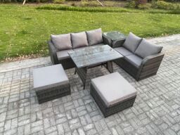 Fimous Rattan Garden Furniture Dining Set 7 seater Patio Rectangular Table 2 Big Footstool Love Sofa Side Table Dark Grey Mixed - thumbnail 2