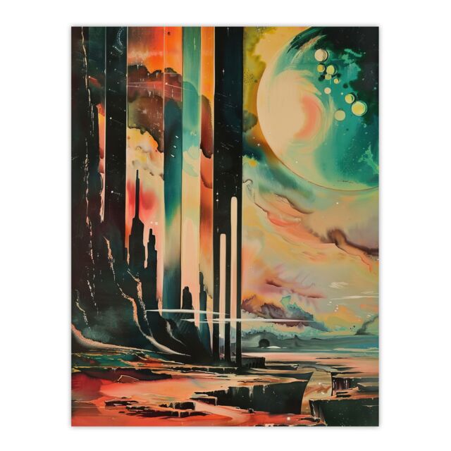 "Artery8 Retro Sci-Fi Cliff by Moon Artwork Galaxy Fantasy Wall Art Print - Size: W24"" x H32""" - image 1