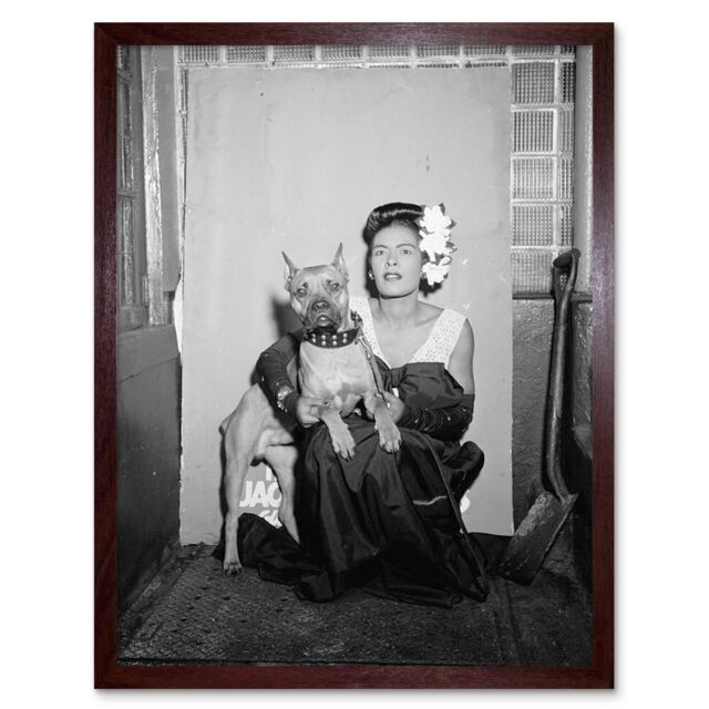 "Artery8 Wall Art Print Blues Jazz Singer Legend Billie Holiday with Dog USA Vintage Portrait Photograph Art Framed in Brown - Size: W12"" x H16""" - image 1