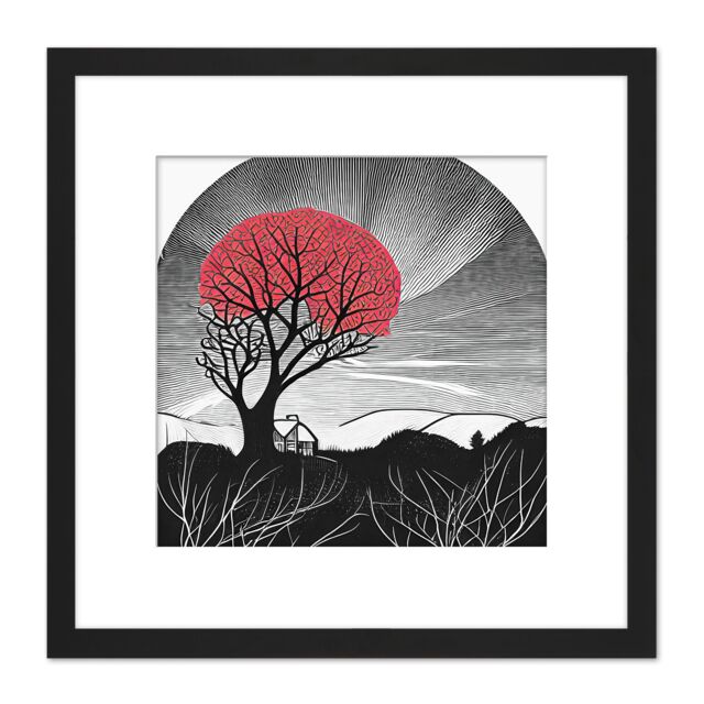 Artery8 Black & White Countryside Landscape Painting With Red Tree on Farm Square Wooden Framed Wall Art Print Picture 8X8 Inch - image 1