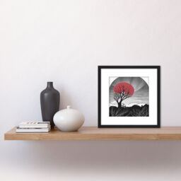 Artery8 Black & White Countryside Landscape Painting With Red Tree on Farm Square Wooden Framed Wall Art Print Picture 8X8 Inch - thumbnail 2