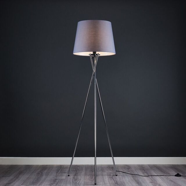 ValueLights Camden Polished Chrome Tripod Floor Lamp with Grey Tapered Lamp Shade - image 1