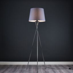 ValueLights Camden Polished Chrome Tripod Floor Lamp with Grey Tapered Lamp Shade - thumbnail 1