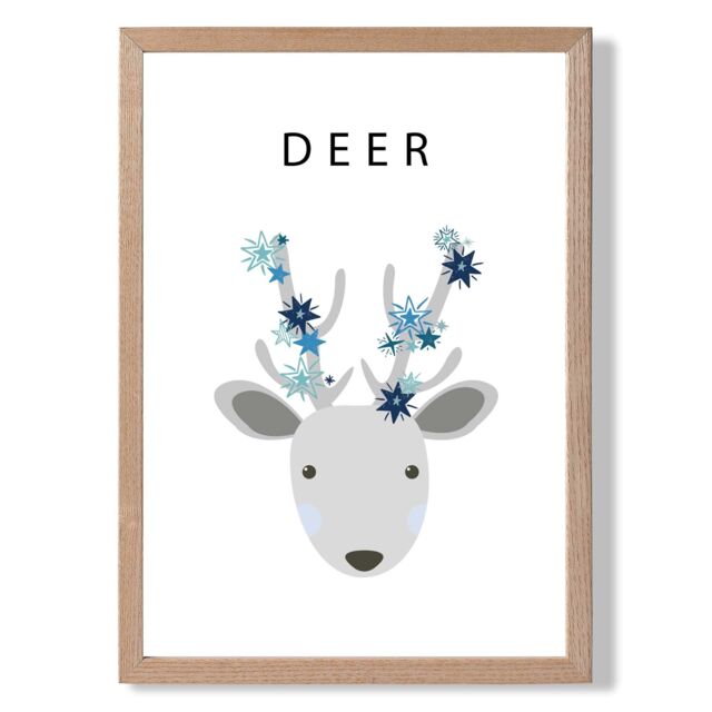 ARTZE Cute Deer with Blue Stars Framed Print SIZE: A4 with Oak Frame in Pale Blue - image 1