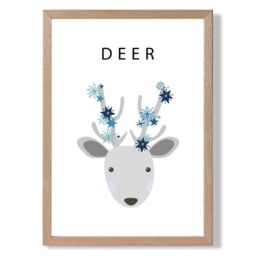 ARTZE Cute Deer with Blue Stars Framed Print SIZE: A4 with Oak Frame in Pale Blue - thumbnail 1