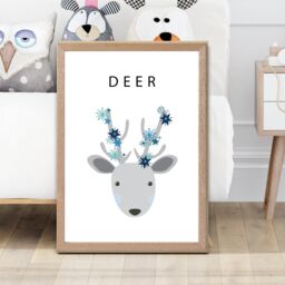 ARTZE Cute Deer with Blue Stars Framed Print SIZE: A4 with Oak Frame in Pale Blue - thumbnail 2