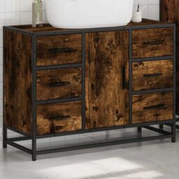 Berkfield Home Bathroom Sink Cabinet Smoked Oak 80x33x60 cm Engineered Wood in Brown - Size: 80 x 33 x 60 cm - thumbnail 4