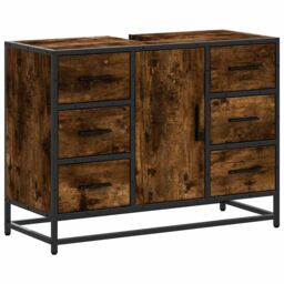 Berkfield Home Bathroom Sink Cabinet Smoked Oak 80x33x60 cm Engineered Wood in Brown - Size: 80 x 33 x 60 cm - thumbnail 2