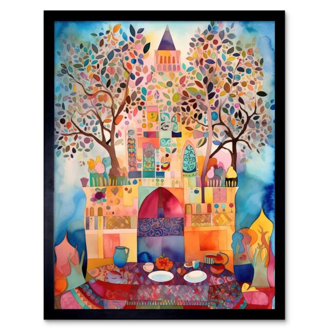 "Artery8 Wall Art Print Eid Al-Fitr Feast Folk Art Watercolour Painting Art Framed in Black - Size: W12"" x H16""" - image 1