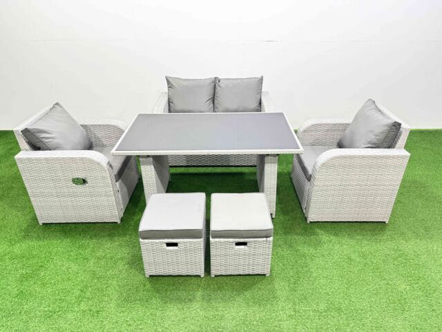 Fimous Outdoor Rattan Garden Furniture Dining Set 6-seater with 2 Small Stool in Light Grey