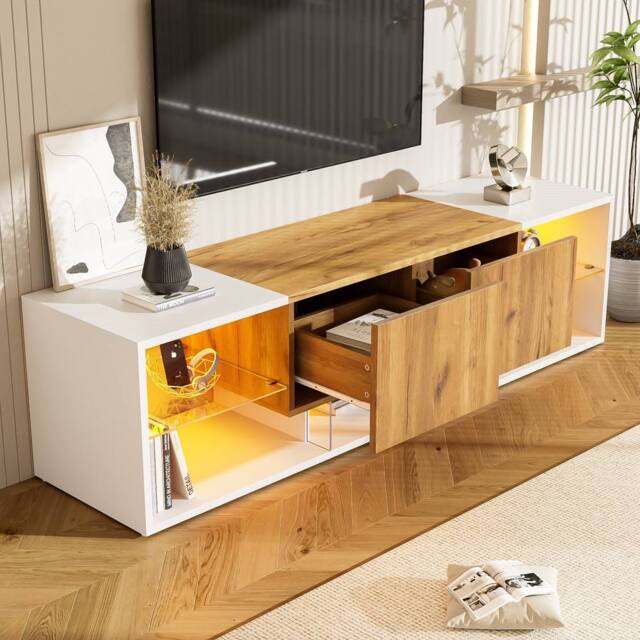 Merax Modern White & Oak Effect LED TV Stand for TVs up to 70 Inch - image 1