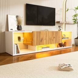 Merax Modern White & Oak Effect LED TV Stand for TVs up to 70 Inch - thumbnail 4