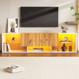 Merax Modern White & Oak Effect LED TV Stand for TVs up to 70 Inch - thumbnail 3
