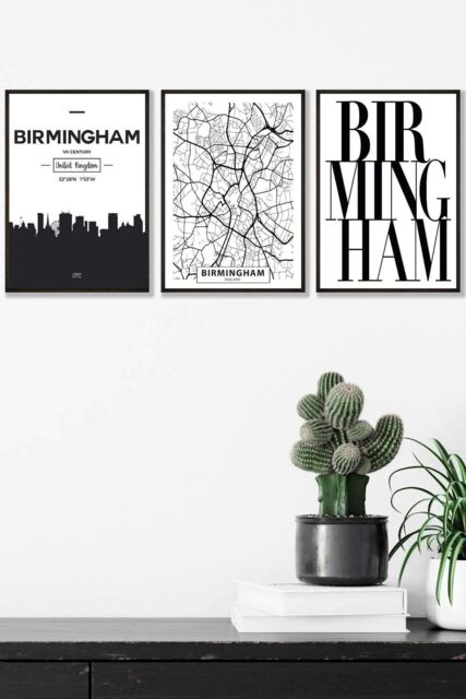 ARTZE BIRMINGHAM Skyline Street Map City Prints Framed Wall Art - Medium in Black - Size: W45 cm x H62 cm x D20mm - image 1