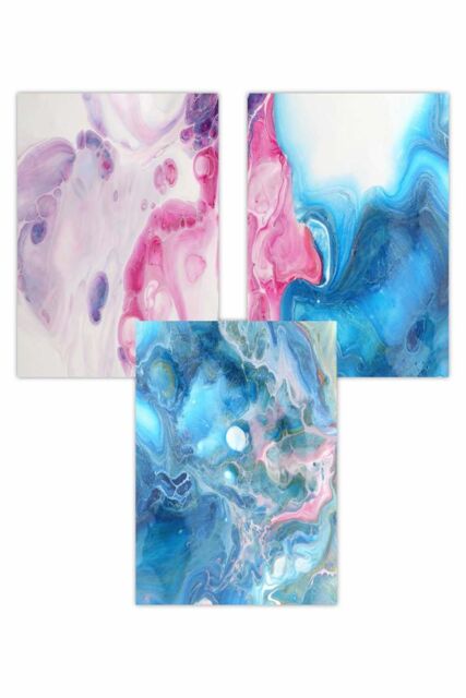 ARTZE Set of 3 Abstract Fluid Marble in Blue & Pink Art Posters - Size: W42 cm x H59 cm - image 1