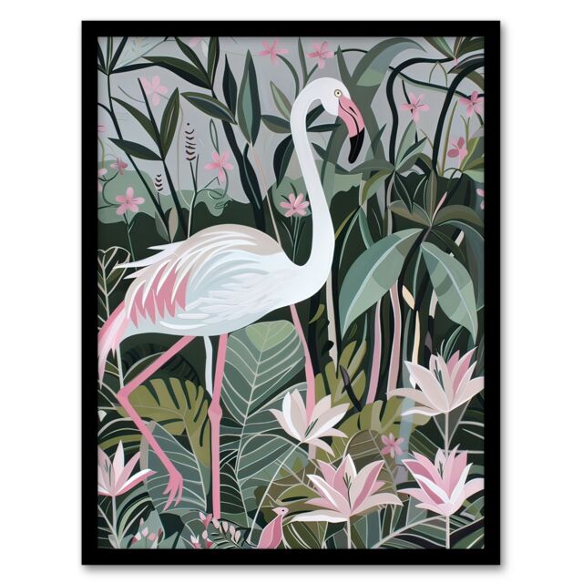 "Artery8 Pink Flamingo Lilies Leaves Artwork Tropical Framed Art Print in Green - Size: W12"" x H16""" - image 1