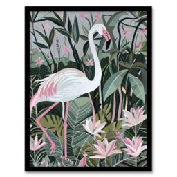 "Artery8 Pink Flamingo Lilies Leaves Artwork Tropical Framed Art Print in Green - Size: W12"" x H16""" - thumbnail 1