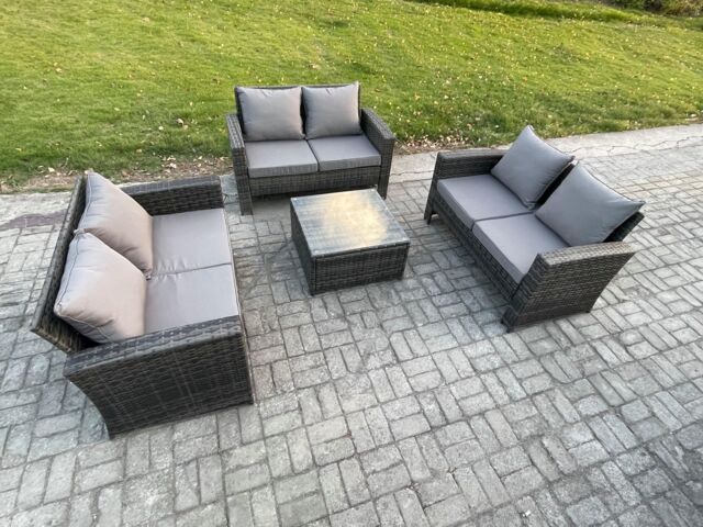 Fimous 6 Seater Rattan Wicker Garden Furniture Patio Conservatory Sofa Set with Square Coffee Table Double Seat Sofa in Dark Grey - image 1