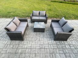 Fimous 6 Seater Rattan Wicker Garden Furniture Patio Conservatory Sofa Set with Square Coffee Table Double Seat Sofa in Dark Grey - thumbnail 2