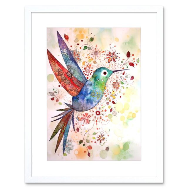 "Artery8 Wall Art Print Hummingbird With Flower Patterns Folk Art Watercolour Painting Artwork Framed 9X7 Inch in White - Size: W7"" x H9""" - image 1