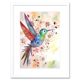 "Artery8 Wall Art Print Hummingbird With Flower Patterns Folk Art Watercolour Painting Artwork Framed 9X7 Inch in White - Size: W7"" x H9""" - thumbnail 1