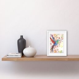 "Artery8 Wall Art Print Hummingbird With Flower Patterns Folk Art Watercolour Painting Artwork Framed 9X7 Inch in White - Size: W7"" x H9""" - thumbnail 2