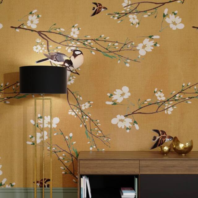 Superfresco Easy Birds & Blossom Ochre Print To Order 3m x 2.8m Mural in Yellow - image 1