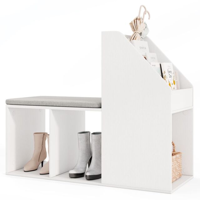 Costway Shoe Storage Bench Entryway Bench 3-Tier Rack w/ Cushion in White - image 1
