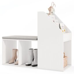 Costway Shoe Storage Bench Entryway Bench 3-Tier Rack w/ Cushion in White