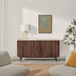 FurnitureboxUK Penrose Walnut & Cream Marble Effect 3 Door Large Sideboard - thumbnail 3