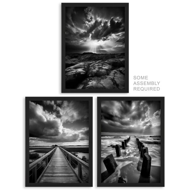 Artery8 A4 Wall Art & Frame Set of 3 Clouds Dramatic Coastal Landscapes in Grey - image 1