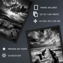 Artery8 A4 Wall Art & Frame Set of 3 Clouds Dramatic Coastal Landscapes in Grey - thumbnail 3