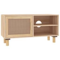 Berkfield Home TV Cabinet Brown 80x30x40 cm Solid Wood Pine & Natural Rattan in Light Tan - Size: 80 x 30 x 40 cm