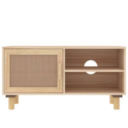 Berkfield Home TV Cabinet Brown 80x30x40 cm Solid Wood Pine & Natural Rattan in Light Tan - Size: 80 x 30 x 40 cm - thumbnail 4