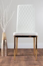 FurnitureboxUK Novara 100cm Round Tempered Glass Dining Table with Gold Legs & 4 Milan Faux Leather Chairs in White - thumbnail 5