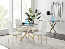 FurnitureboxUK Novara 100cm Round Tempered Glass Dining Table with Gold Legs & 4 Milan Faux Leather Chairs in White