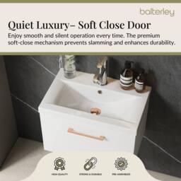 Balterley 600mm Wall Hung 1 Drawer Vanity Basin Unit, Gloss White, Copper Handle in White - thumbnail 4