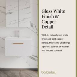 Balterley 600mm Wall Hung 1 Drawer Vanity Basin Unit, Gloss White, Copper Handle in White - thumbnail 3
