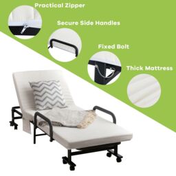 Costway Folding Single Sofa Bed Adjustable Sleeper Bed W/ Wheels & Mattress in White - thumbnail 5
