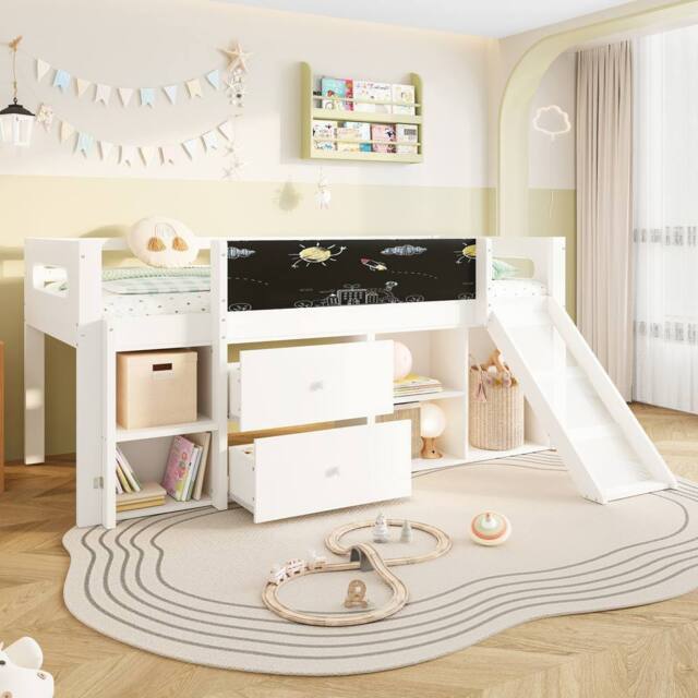 Merax White Wooden Kids Mid Sleeper Cabin Bed with Slide & Drawers - Size: Single - image 1