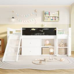 Merax White Wooden Kids Mid Sleeper Cabin Bed with Slide & Drawers - Size: Single - thumbnail 3
