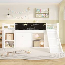 Merax White Wooden Kids Mid Sleeper Cabin Bed with Slide & Drawers - Size: Single - thumbnail 4