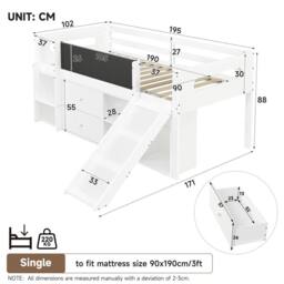 Merax White Wooden Kids Mid Sleeper Cabin Bed with Slide & Drawers - Size: Single - thumbnail 2