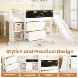Merax White Wooden Kids Mid Sleeper Cabin Bed with Slide & Drawers - Size: Single - thumbnail 5