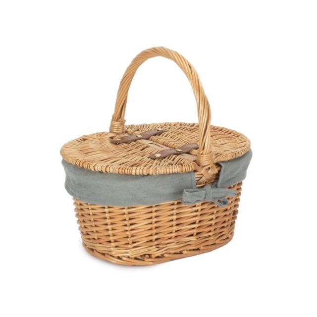 Red Hamper Wicker Child's Oval Lined Lidded Picnic Basket in Grey - image 1
