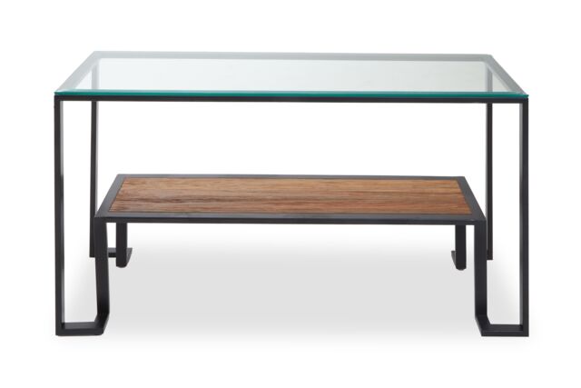 Orsina Roman Console Table, Rectangular Tempered Glass Top on Black Metal Frame, Teak‑Wood Lower Shelf Console - image 1