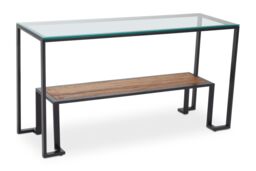 Orsina Roman Console Table, Rectangular Tempered Glass Top on Black Metal Frame, Teak‑Wood Lower Shelf Console - thumbnail 5